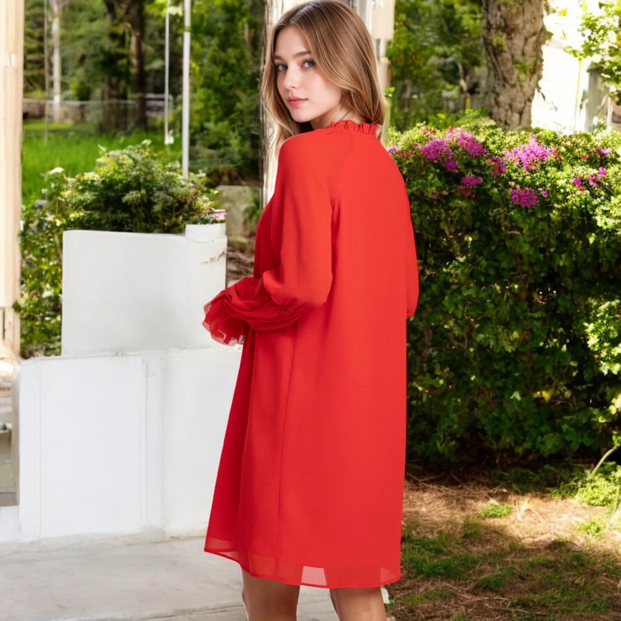 Anna-Kaci Women's A-Line Chiffon Dress with Sheer Sleeves and Tie Neck Detail