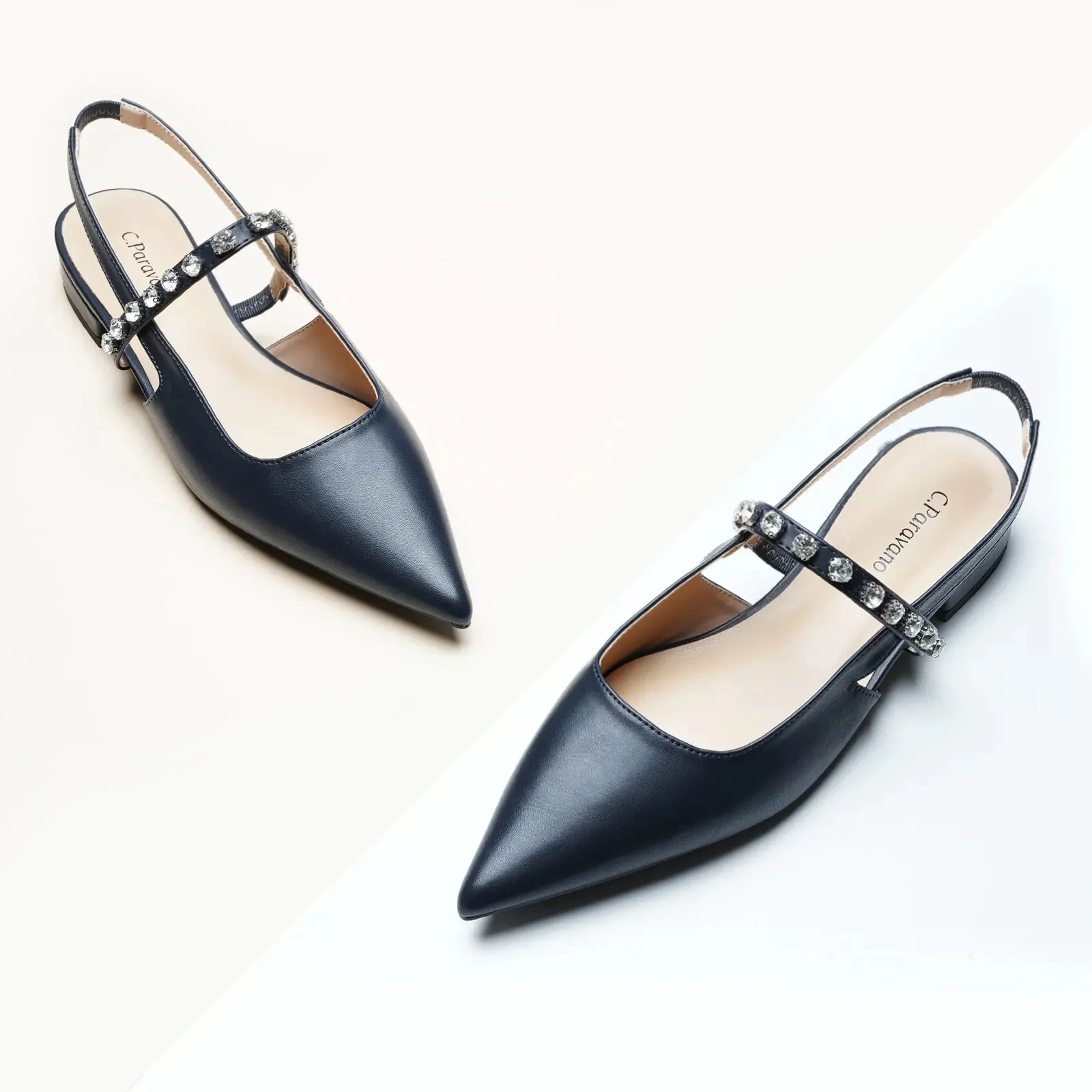 Crystal Strap Slingback Flats (Aida)  Navy