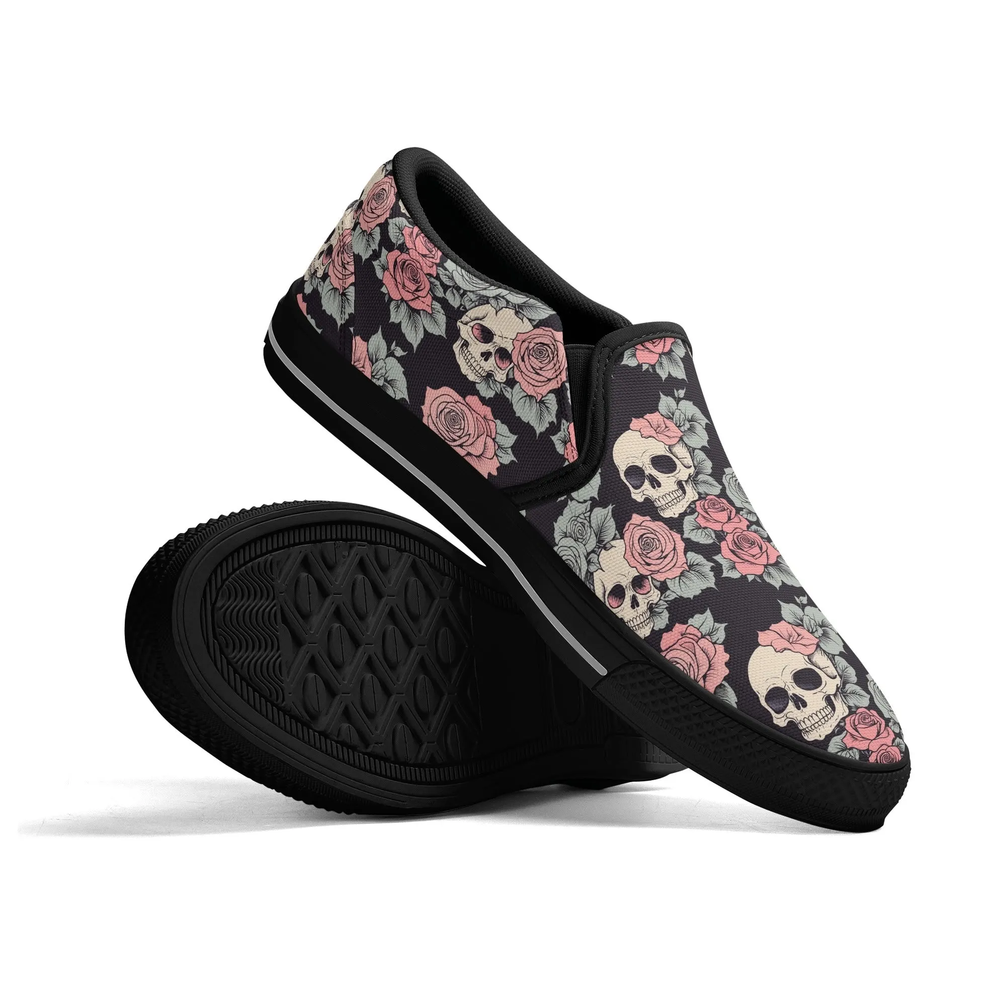 Mens Skull and Pink Rose Rubber Slip On Shoes